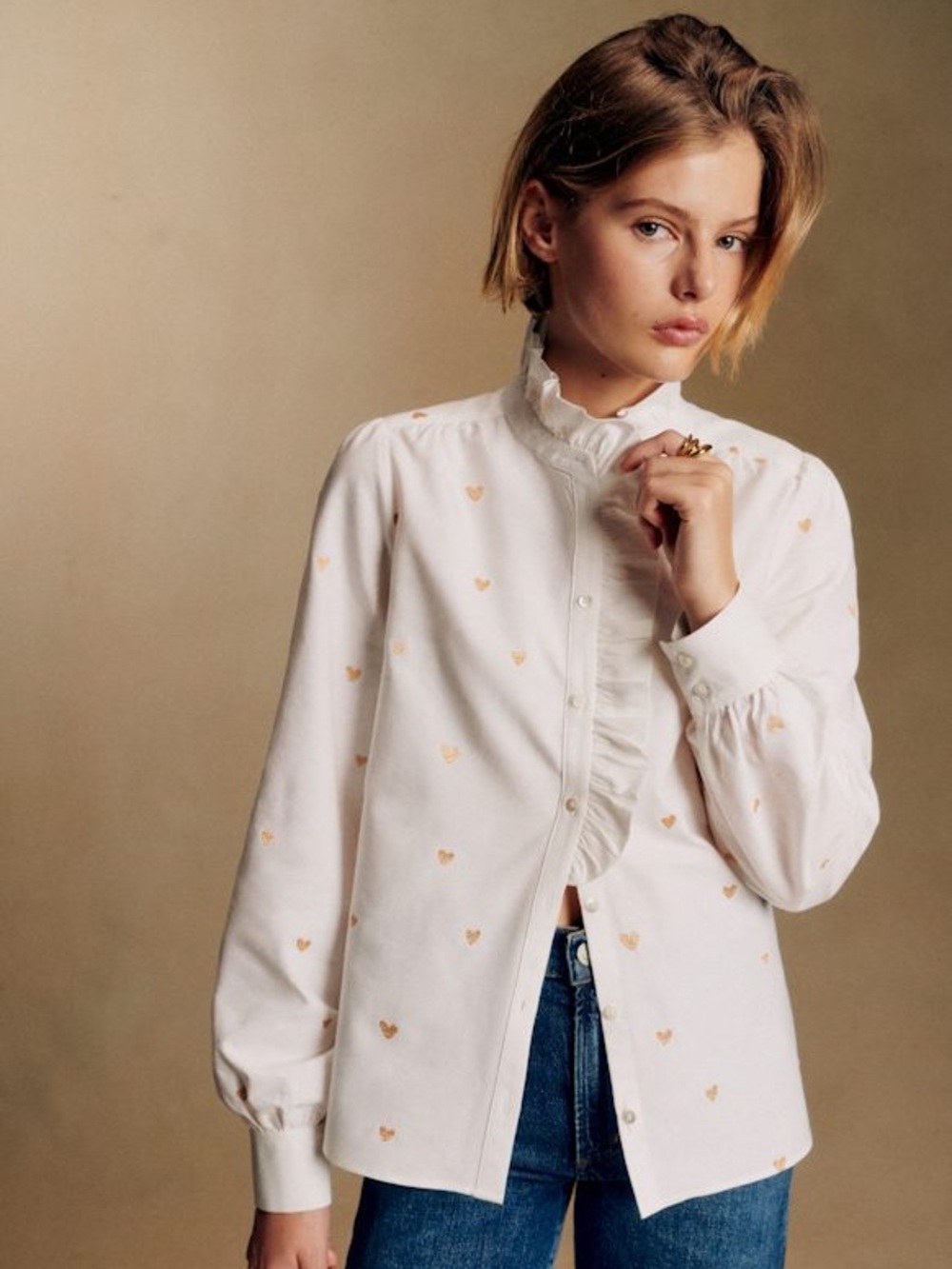 Sézane White Gold Heart Embroidered Ruffle Blouse Size 36 US 4 Cotton
